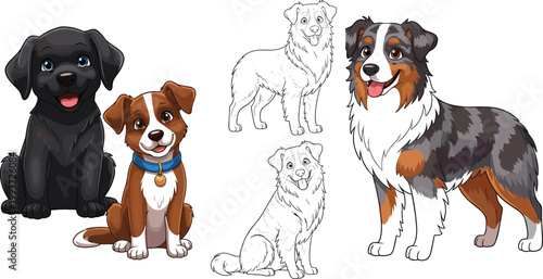 Set of Cute Dog Illustrations in Various Breeds and Poses for Animal, Pet, and Dog Lover Designs, Vector Art