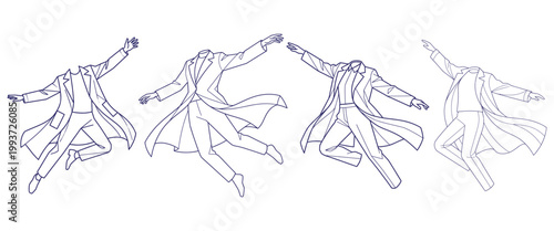 Headless men in dynamic poses wearing long coats line art illustration for fashion design projects and concept sketches.