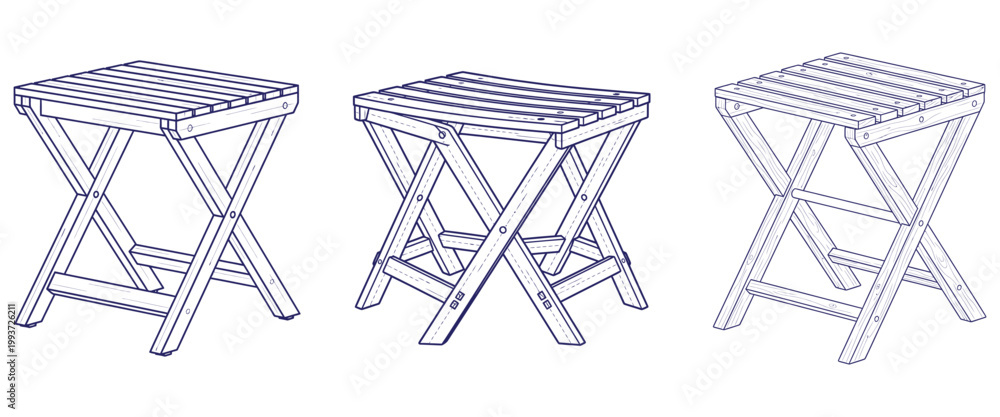 Obraz premium Wooden folding stool set with various perspective views and construction details for outdoor camping and home furniture.