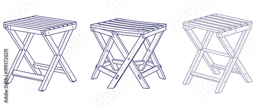 Wooden folding stool set with various perspective views and construction details for outdoor camping and home furniture.