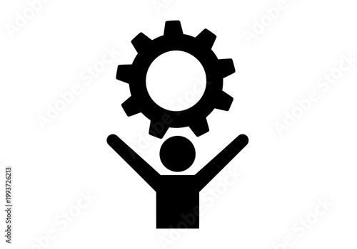 A really nice and smooth black silhouette of a stick person holding a large gear silhouette above their head nicely