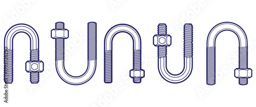 Industrial u bolt hardware collection featuring threaded rods and hexagonal nuts in various positions for construction.