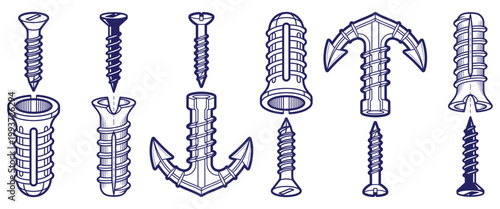 Wall anchor and screw fasteners collection showing various plastic plug types and metal screws for drywall installation.