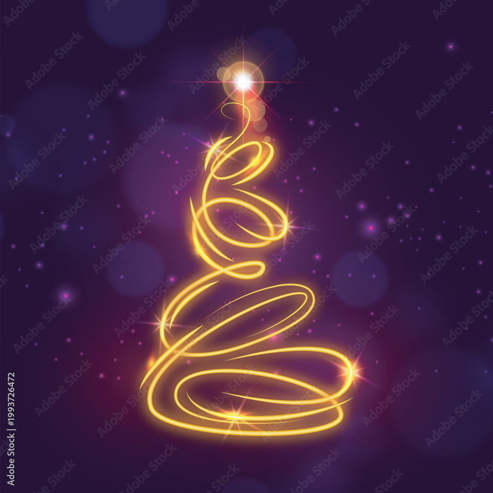 Obraz premium Glowing Golden Christmas Tree Made of Light Swirl on Purple Background, Magical Holiday Celebration Design, Sparkling Festive Winter Greeting Illustration