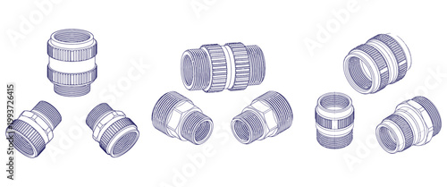 Plumbing pipe fittings collection showing threaded connectors and couplings for industrial water system installations.