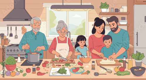 Happy multi-generational family cooking a healthy meal together in a bright kitchen, enjoying shared culinary moments and bonding over food