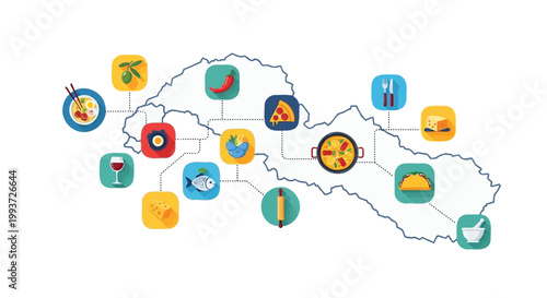 Gastronomic Exploration Map Discovering Regional Dishes and Drink Specialties with Modern Icons