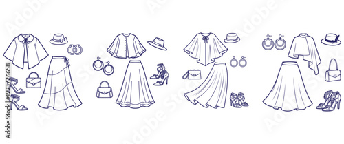 Women fashion outfit combinations showing four sets of stylish clothing pieces including skirts capes hats and heels.