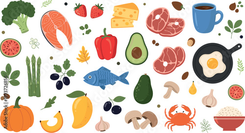 Healthy food collection with vegetables fruits meat fish eggs and coffee balanced diet ingredients vector illustration