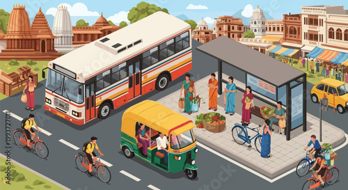 Isometric illustration of a vibrant Indian city street scene, depicting diverse daily life, traditional transportation, and bustling market activities