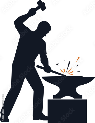 Blacksmith silhouette forging metal on anvil with hammer, metalworker craftsman working in forge, industrial steel fabrication vector icon