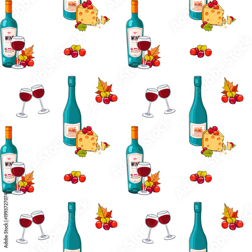 Wine bottle, glasses, cheese, grapes, seamless pattern
