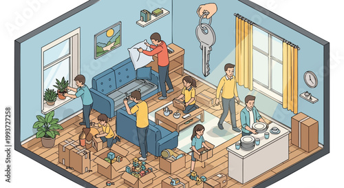 Vibrant isometric illustration capturing the exciting chaos of moving day, as people unpack, arrange furniture, and personalize their new apartment