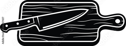 Sharp chef's knife resting on a rustic wooden cutting board illustration in black and white vector design