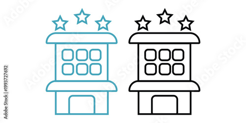 Two hotel building line art illustrations color and black white