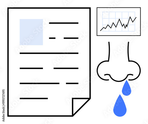 Healthcare, allergies, medical data, disease tracking, report analysis, diagnostics. A document, upward chart and a stylized runny nose icon. Healthcare and allergies visualization concept