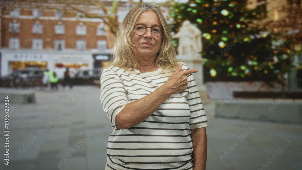 Fototapeta premium Senior woman points finger at decorated christmas tree on street, visible hand gesture, wearing striped shirt and glasses, outdoor plaza scene; skepticism.