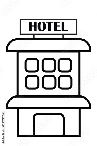 Simple black and white line drawing of a hotel building facade