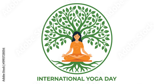 International yoga day illustration woman meditating within a tree of life oval