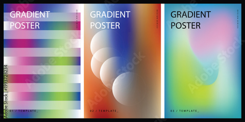 Three distinct graphic design posters showcasing vibrant gradient backgrounds with text overlays indicating template series
