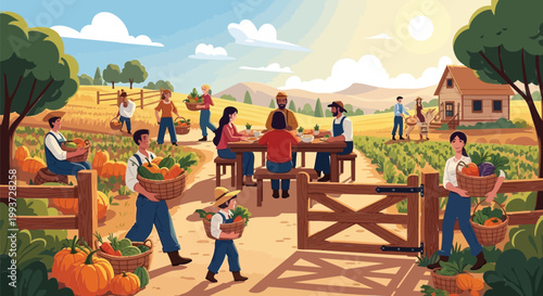 Vibrant community gathers for a joyful harvest festival on a bountiful farm, celebrating nature's abundance and shared labor