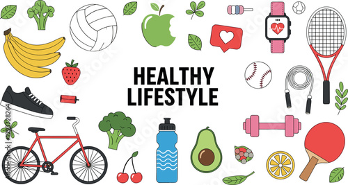 Healthy lifestyle icons set with sports equipment fruits vegetables bicycle and fitness elements colorful vector illustration