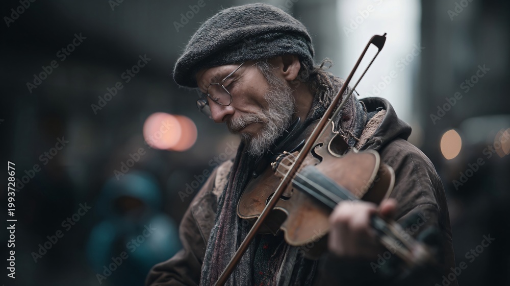 Fototapeta premium Melody of the Streets: A weathered street musician pours his heart into a poignant melody, the violin's music weaving through the bustling city.