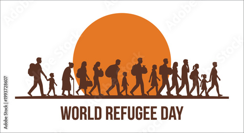 World refugee day illustration silhouettes of people walking towards a bright future