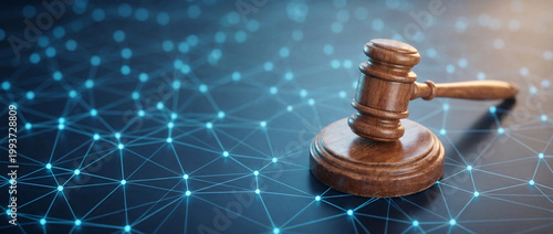 Judge gavel amid network of glowing blue lines background. Modern legal tech digital court, cyber law legal system. Copy space