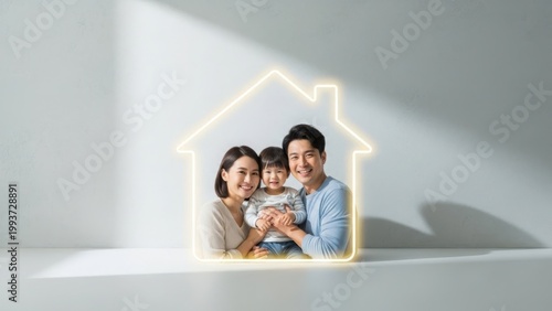 Happy family protected inside a glowing house silhouette