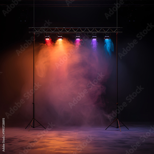 Abstract smoke in glass cube with colorful light beams