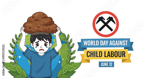 A child laborer cries while carrying a heavy burden on his head in this illustration about the global fight against unfair working.