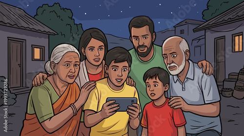 Multi-generational family looking at a smartphone together at night illustration