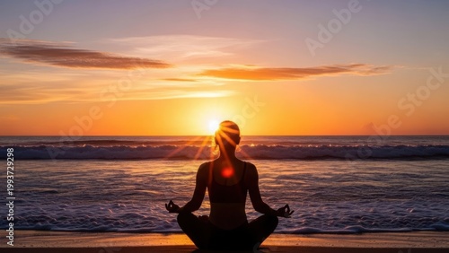 Silhouette meditation at serene beach sunset peaceful mind