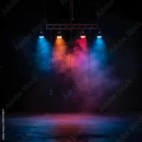 Abstract smoke with vibrant neon light beams in dark setting