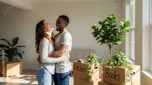 Happy couple embracing in new home surrounded by plants