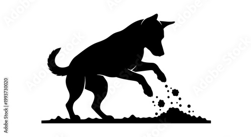 Black silhouette of a playful dog digging in the ground Isolated on transparent background