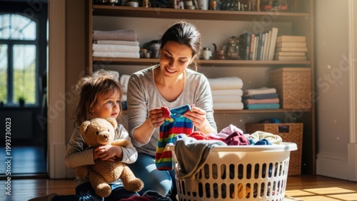 Mother and child folding laundry together family bonding