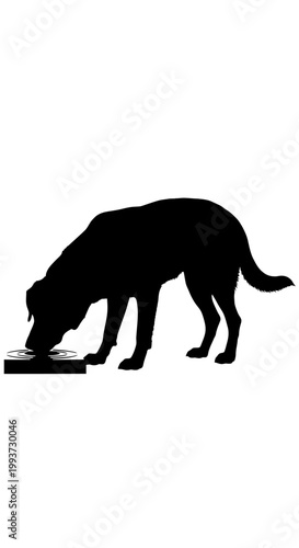 Black silhouette of a dog eating food from a bowl Isolated on transparent background