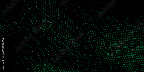 Abstract green halftone radial background with perspective dot grid, halftone dots forming depth and motion, high-tech digital texture.