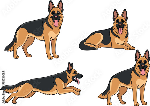 German Shepherd Dog Set in Various Poses, Vector Illustration
