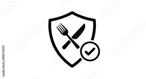 The shield icon protects the food fork and knife symbols with a checkmark to highlight safety and quality standards for dining establishments within a professional graphic set.