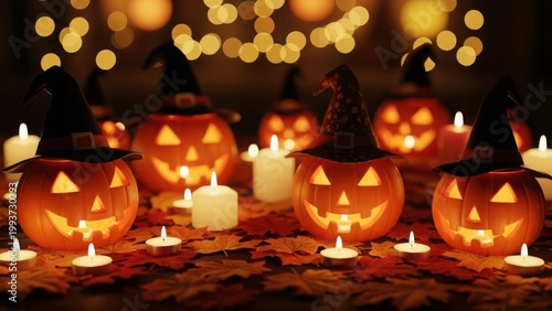 Spooky halloween pumpkins lit with candles and fairy lights