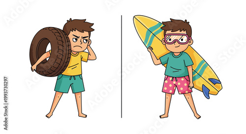 A boy carries a heavy tire compared to a boy holding a surfboard to contrast the harsh reality of labor against the joy of summer vacation.