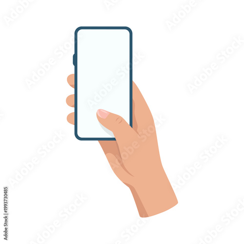 Hand Holding Smartphone with Finger Touching Screen, Vector Illustration. Mobile Phone UI Gesture. Touchscreen Interaction Concept. App Interface Blank Display. Click Tap Swipe Action