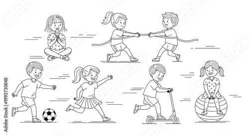 Children engage in various outdoor physical activities, including tug of war, soccer, riding a scooter, and balancing on a large exercise ball.