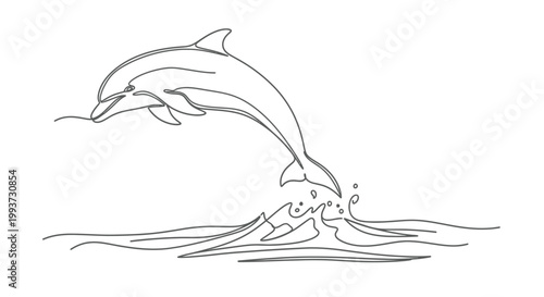 A dolphin leaping from the ocean surface shows a single continuous line drawing capturing the graceful movement of the mammal as it splashes back into the deep blue water.