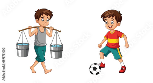 Wallpaper Mural Children demonstrate contrasting lifestyles by showing a sad boy carrying water buckets versus a happy boy playing with a soccer ball toy. Torontodigital.ca