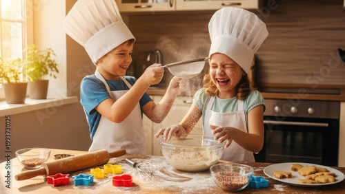 Joyful kids baking together in a bright sunlit kitchen