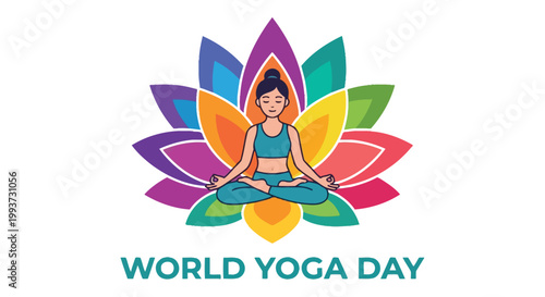 World yoga day illustration a woman meditates within a colorful lotus flower
